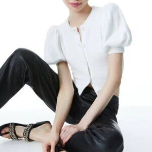 Alice + Olivia Sabine Fuzzy Puff Sleeve Cropped Cardigan Small